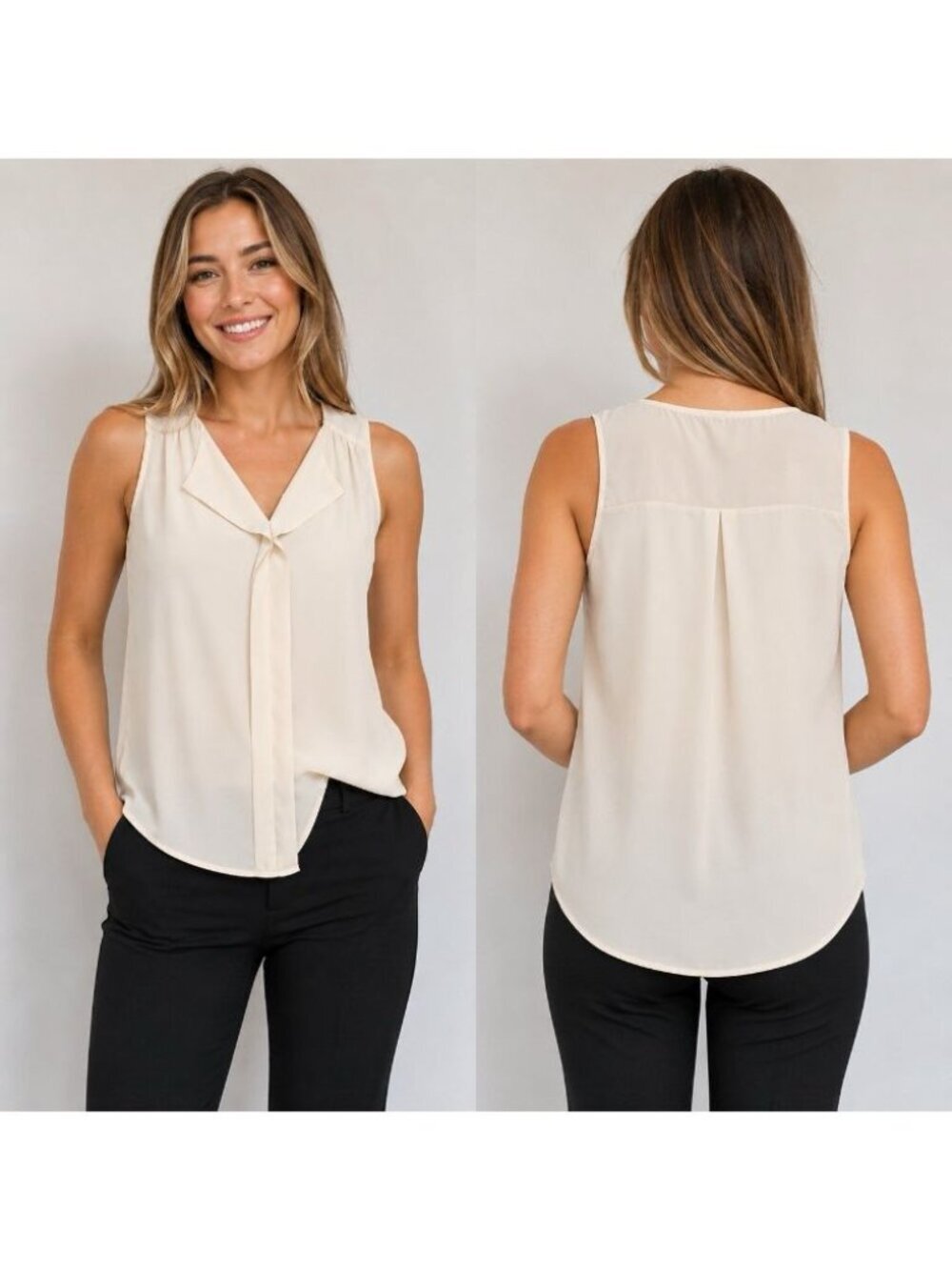 E&M Women’s Small Ivory Sleeveless Ruffle V-Neck Blouse Career Office Polyester